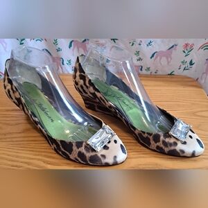 Beverly Feldman Leopard Print Wedge Pumps with Crystal Accent